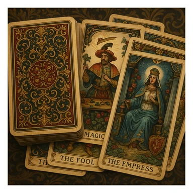 highly detailed tarot deck with decorative card backs, classic Victorian motifs, rich colors, cards stacked and slightly spread sticker