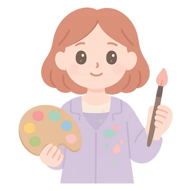 Serene female oil painter, Caucasian features, shoulder-length auburn hair, soft brown eyes, gentle smile, wearing a violet painter’s smock lightly stained with paint over a beige blouse, holding a wooden palette with vibrant colors in one hand and a brush in the other, waist-up, front-facing sticker