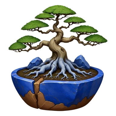 Aged bonsai two toned lapis blue terracotta Roots Stoneware akadama moss on soil irregular angular Stone Age rocks cracked crags and broken rough edges forming a very short shallow flat Yixing forest pot sticker