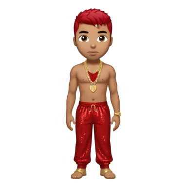 Ginuwine with red sequin baggy pants, shirtless with necklace, dark brown hair sticker