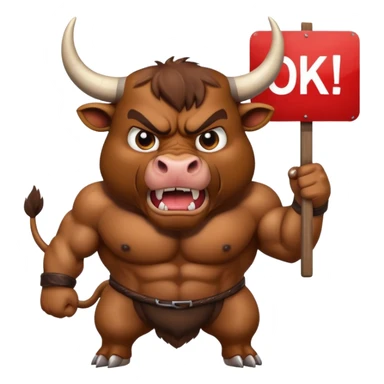 Angry powerful bull emoji holding a sign with the words OK in front of it sticker