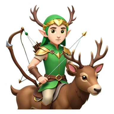 clash-of-clans-aesthetic-focused-elf-archer-portrait-emoji, rendered in a flat, vector-style with minimal shading and bold, simplified shapes, head tilted slightly forward with a determined, focused expression, riding a majestic stag whose luminous antlers glow with mystical energy, set against an ancient, enchanted forest backdrop. sticker