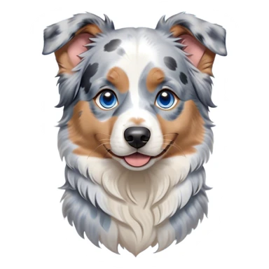 Cinematic Cute Tan Point Blue Merle Australian Shepherd Portrait Emoji, Head tilted playfully and inquisitively, soft blue merle fur accented by vibrant tan points and subtle white markings, round, sparkling blue eyes filled with curiosity, Simplified yet irresistibly adorable features, highly detailed, glowing with a warm, friendly glow, high shine, affectionate and lively, stylized with a touch of whimsy, bright and endearing, soft glowing outline, capturing the essence of a mischievous yet loving pup, so playful it feels like it could bound out of the screen and into your arms! sticker