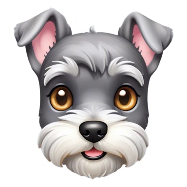 Cinematic Cute Miniature Schnauzer Portrait Emoji, Head cheerfully cocked with expressive, twinkling eyes and a neatly trimmed, adorable salt-and-pepper fur, simplified yet endearingly detailed, glowing with a bright, friendly radiance, high shine, exuding smart and spunky charm, styled with a delicate, whimsical outline, capturing the essence of a cute Miniature Schnauzer that appears ready to scamper off the screen with delightful energy! sticker