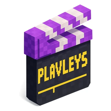 voxel style movie clapperboard with the text 'PLAVLEYS', purple lid, black body, isometric view sticker
