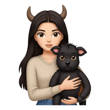 Kendall Jenner with long dark hair holding a brown teddy bear, a black schnauzer and a cow cat in her arms sticker