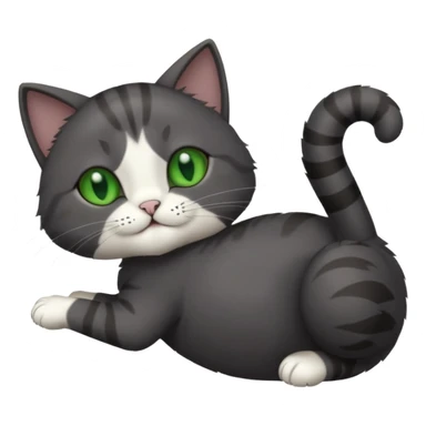 solid dark grey cat with green eyes, white toes/paws playfully rolling upside down sticker