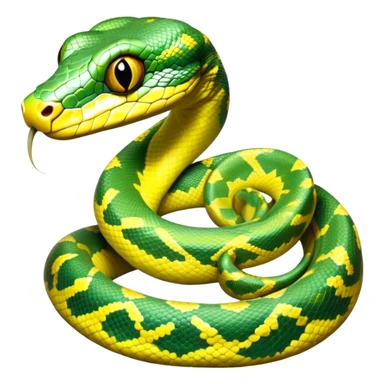 cinematic-green tree python-realistic-full-body-coiled-emoji,-thick-scaled-body-looped-tightly,-intricate-yellow and white-patterned-scales-reflecting-light,-head-tilted-dramatically,-cute-eyes-staring-calmly,-simplified-yet-realistic-focused-feature sticker