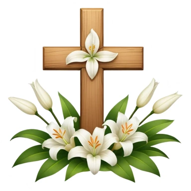 A wooden cross with white lilies around the bottom. sticker