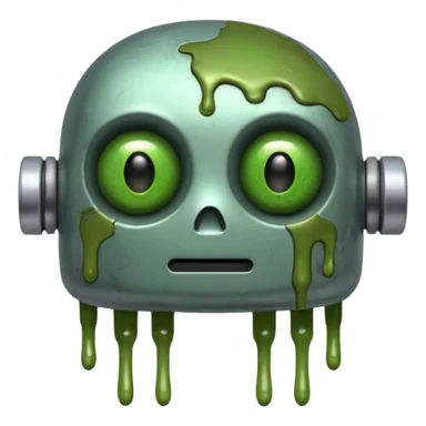 make a tired old melting robot emoji, covered in green sludge, 2d, make the eyes melting sticker