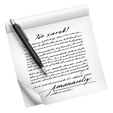 a paper letter with "TO SARAH" text written at the top of the letter, with a pen lying next to it sticker
