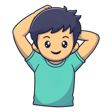 embarrassed smiling boy with hand behind head and black hair sticker