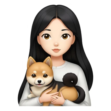 A girl with long black straight hair holding a black Shiba Inu sticker