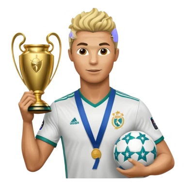 Cristiano Ronaldo holfing the champions league with noodle hair a bit longer noodle hair with a bit of blonde highlights and tge hair xoming down a bit just a bit of blonde not completely sticker