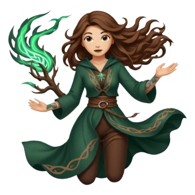 forest mage woman long wavy brown hair tattoos drawing symbol mid-air sticker
