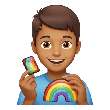 A boy eating a chocolate rainbow  sticker