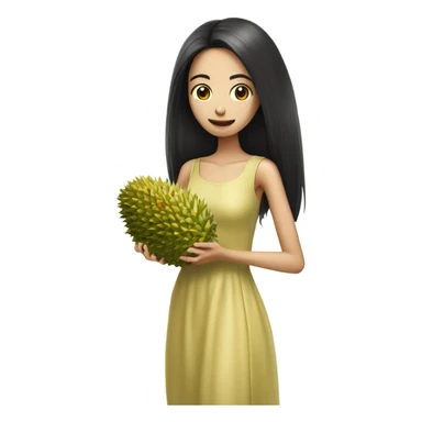 Beautiful skinny woman long black hair in dress holding durian sticker