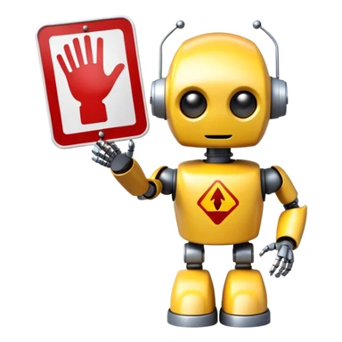 friendly robot with a helping hand and a warning sign representing an AI agent for reporting child abuse sticker