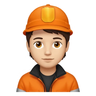 Kindly Keyin (male) with light skin, dark brown hair, orange cap and shirt, black jacket sticker