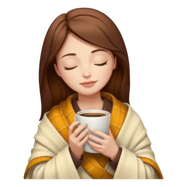 brown hair woman closed eyes with cream blanket on her head, holding cup of coffee, autumn mood sticker