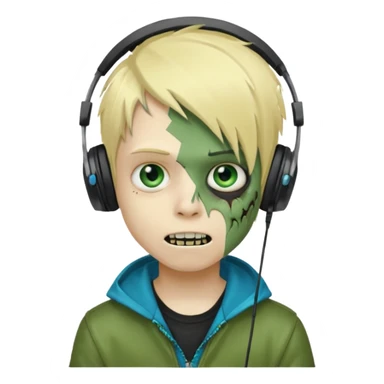 boy zombie whit blonde emo hair and eyes blue and GREEN SKIN and heandphones AND A MICROFONE and gold teeth sticker