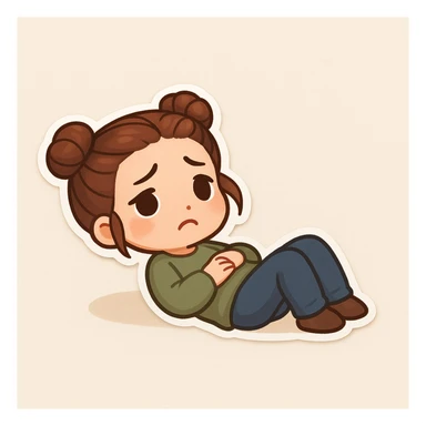 Create a chibi sticker of the girl from the reference image. She is lying on her back on the ground, looking sad, with a 'not alone' vibe, with her signature double bun hairstyle. sticker