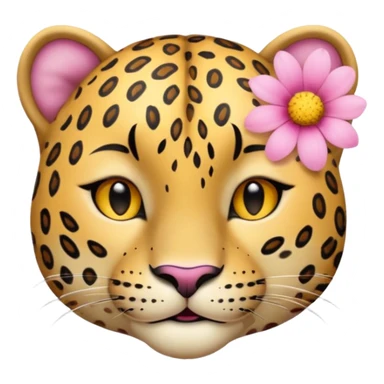 A leopard with eyes closed and a peaceful smile. A pink flower with a yellow center is tucked behind its right ear
 sticker
