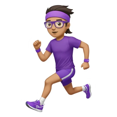 Running man in tight shorts and a purple t-shirt that says 'progressive run', with a headband, dark hair, running glasses, and stylish bright sneakers, emoji style, variation 1 sticker