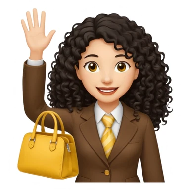 medium deep tan brown business woman with long black curly hair, waving hand with happy face with smile mouth and carrying bag on her shoulder and the other hand holding yellow stanley tumblr sticker