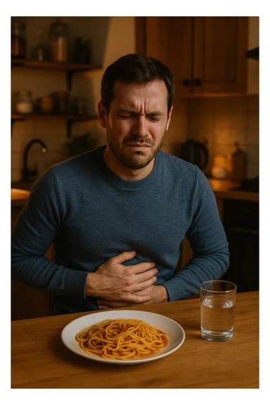 a man sits at a dining table, looking uncomfortable and holding his stomach after eating a plate of pasta. His expression shows mild pain or bloating. On the table, there’s a half-eaten plate of spaghetti, and a glass of water. The background is a cozy kitchen, but the focus is on the man’s discomfort.
 sticker