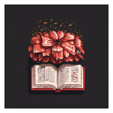 floating red book, opened with wind-blown pages, pixel art style, dark background sticker