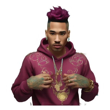 Vintage patina intricate swirls gold jewellery baroque golden raven tropical Deep pink maroon burgundy cyan dark hoodie man vitiligo dyed hair gold piercings nose piercing ear piercings sticker