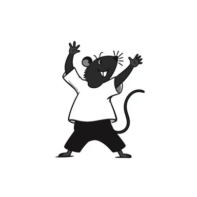 Hand-drawn rat doing an enthusiastic dance move with arms raised sticker