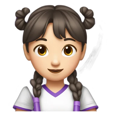 a little chinese girl wearing a white nike shirt with two pig tails hair style hugging a purple tennis racket to her chest in paper art style sticker