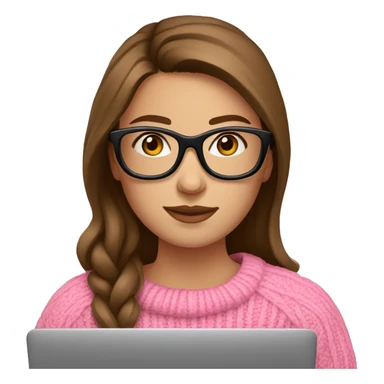 Russian Girl with brown hair and black glasses frame and pink sweater is working behind laptop sticker