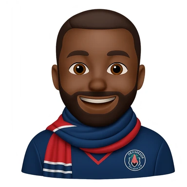 Add a beard to Matuidi with a big smile, wearing a PSG scarf, in emoji style. Remove the background. sticker