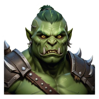 Cinematic Realistic WoW Orc Warrior Portrait, head tilted epicly and inquisitively, showcasing a commanding presence and raw, unyielding power. His battle-hardened green skin and muscular form, accented by meticulously crafted tribal armor in deep earthy hues, are rendered with lifelike clarity and dynamic lighting, high shine, epic and awe-inspiring, embodying the relentless spirit of an orc warrior ready for battle. sticker