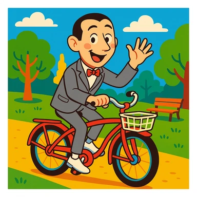 Pee-wee Herman on a red bicycle, waving, colorful park setting, vibrant toon style sticker