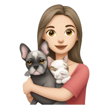 brunette hair girl cuddling a black and white frenchbulldog and a lynx point tabby cat sticker