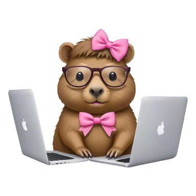 capivara de óculos e laço cor de rosa mexendo no macbook sticker