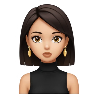 generate a pretty bratz girl in black cami top, dark brown straight short hair, eyeliner on. dark brown eyes. Wearing sleeveless white turtleneck, gold stud earrings sticker