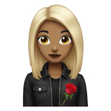 Black straight hair and makeup and holding a rose and black clothes with an Emo style sticker