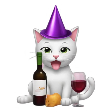 depressed tired kitty drinking wine and party hat on sticker