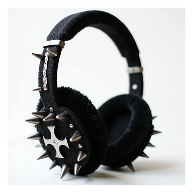 realistic black gothic headphones with velvet ear cups, silver spikes, and subtle cross motifs, photorealistic style sticker