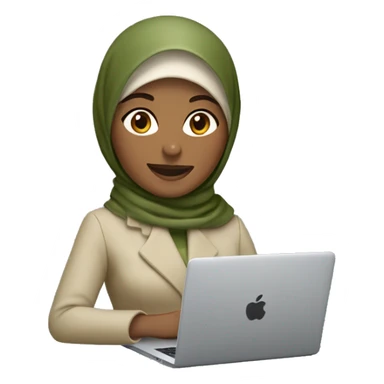 memoji of a woman with a laptop in front, apple-style,modern with olive green hijab on head,beige color coat, indian, fair, working on laptop with smile on face sticker