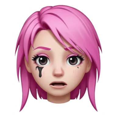 Twitch emoji style Haze skin from Fortnite crying with exaggerated tears, pink hair, and gothic look sticker