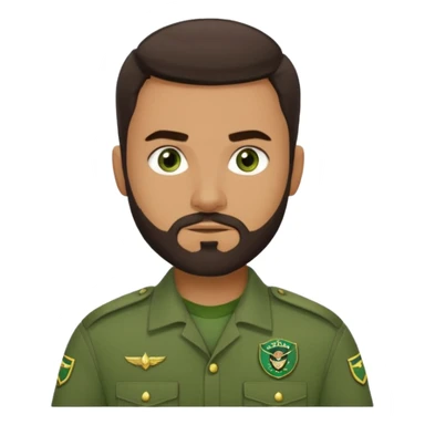 A strong young man, with a dark brown short goatie beard, thick eyebrows, green eyes, faded styled dark brown hair, and a green Uniform that says on the left chest "CC Team Seba" sticker