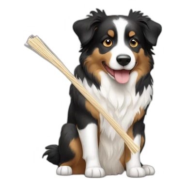 Black and white tricolor Australian shepherd holding a stick of string cheese sticker