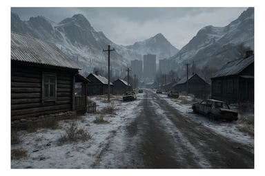 a view of the city street in a videogame: DayZ - in  Sakhal - snowy steppe tundra, rustic cabin houses, tall apartment blocks in the distance, mountainous and rocky terrain sticker