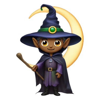 Elf male wizard a crescent moon hat, holding a bat, Halloween theme, emoji sticker